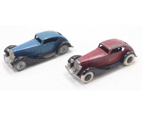 Dinky Toys, Pre-War 24E Super Streamlined Saloon comprising red worn body with repinated black chassis and smooth hubs, toget