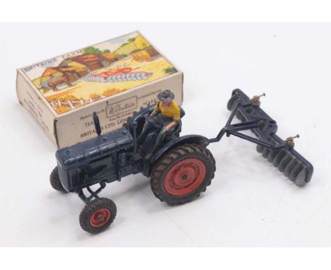 A Britains No. 128F Fordson tractor, having dark blue body with orange hubs, complete with driver figure, together with a box