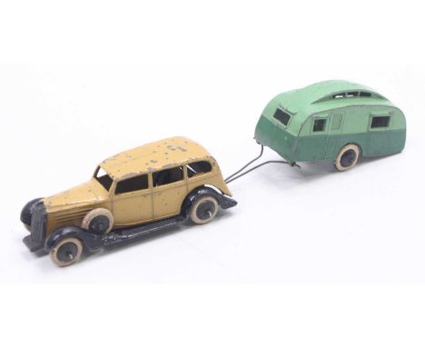 Dinky Toys Pre War 30d Vauxhall, tan body with black chassis and smooth black hubs, together with a Dinky Toys Pre War 30g Ca