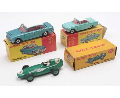 Dinky Toys group of 3 diecasts to include; No.143 Ford Capri in aquamarine body with white roof, (G-VG), No.135 Triumph 2000 