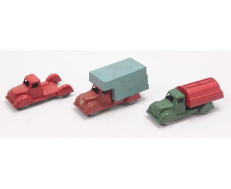 Robin Hood group of 3 to include a box van, comprising a red body, with a blue back, a red body, missing the back, and a petr