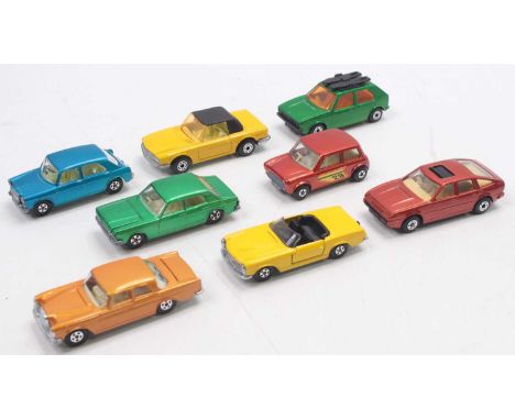 A collection of eight loose Matchbox Superfast vehicles to include Ford Zodiac, Rover 3000, VW Golf with skis, Mercedes 350SL