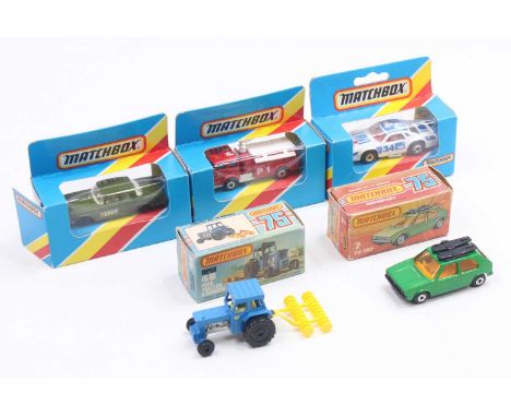 One tray containing five various Matchbox window and card boxed diecast vehicles to include No. 7 VW Golf with black gloss ba