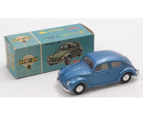A Triang Spot-On Models No. 195 Volkswagen saloon, comprising metallic blue body with white interior, driver figure and spun 