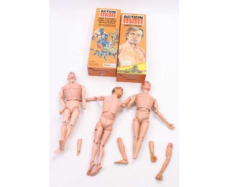 Palitoy Action Man small collection of loose figures that require TLC and are worn, together with 2 empty figure boxes