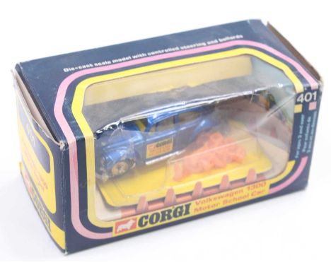 Corgi Toys, 401, Volkswagen 1300 Motor School, comprising blue body with yellow interior, with sealed pack of cones, and card