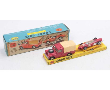 Corgi Toys, gift set 17, Ferrari racing set comprising of 438 red Land Rover with peach canopy, red 154 Ferrari on yellow tra