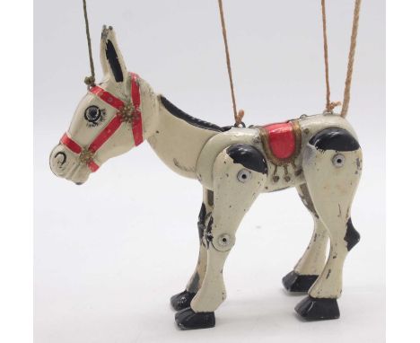 An original Moko Muffin the Mule puppet, comprising white and black body with red tack, and red saddle, re-strung example wit