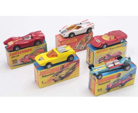One tray containing five various boxed Matchbox Superfast and Rollamatic diecast vehicles to include No. 1 Mod Rod, with spot