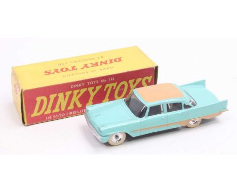 Dinky Toys, 192 Desoto Fireflite Sedan, turquoise body with light tan roof and flash, spun hubs with white knobbly tyres, bla