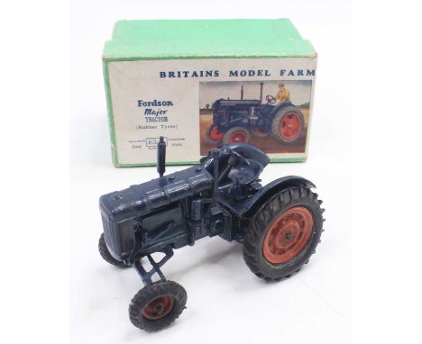 Britains, 128F, Fordson Major tractor with driver, dark blue body, orange wheels and black rubber tyres, in original green la
