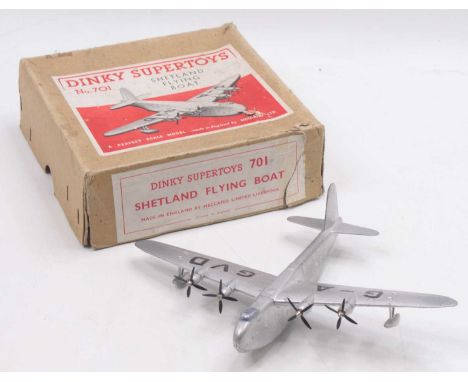 Dinky Toys No.701, Shetland flying boat in silver with livery, four complete black propellers and card protector in very good