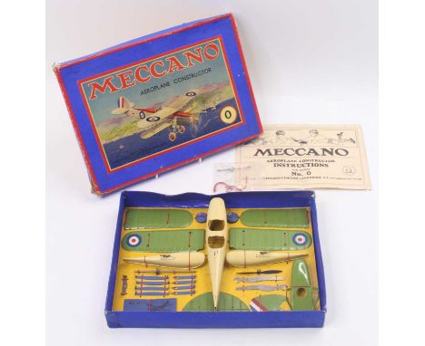 Meccano Aeroplane Constructor No.0 outfit, cream and green example with RAF roundels, housed in the original box, re-strung w