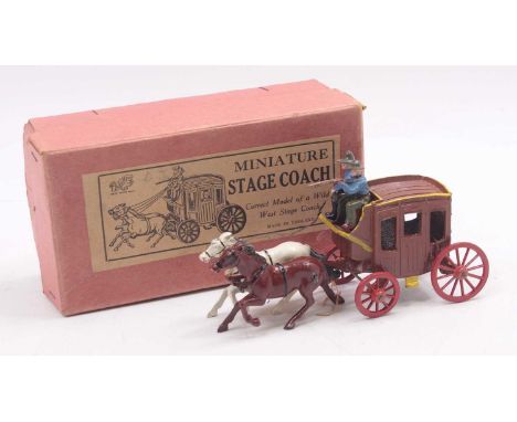 A John Hilco miniature stagecoach housed in the original box, pre-war issue comprising of brown and yellow stagecoach with re