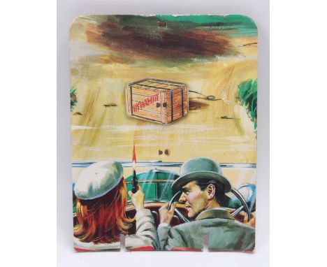 An original Merit Toy Company Avengers card shooting range backdrop depicting the Avengers characters driving a Bentley towar