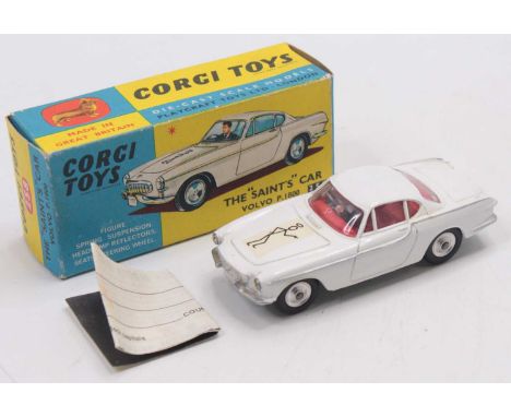 Corgi Toys No. 258 The Saint Volvo P1800 car comprising white body with white bonnet transfer, red interior and driver figure
