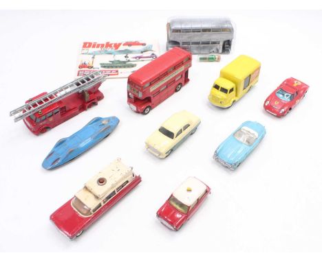 Corgi/Dinky Toys group of 10 loose and playworn diecast to include; No.304 Mercedes 300 SL in light blue body, No.227 Morris 