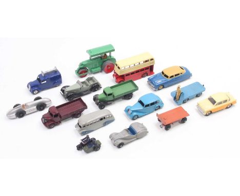 Dinky Toys group of 15 loose and playworn diecast to include; No.412 in red body with red ridged hubs, No.38a Frazer Nash BMW