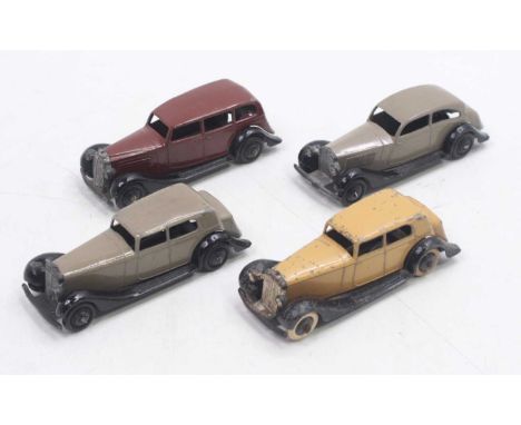 Collection of 4 various 30 Series Dinky Toys diecast vehicles, to include 30c Daimler in tan, 30d Vauxhall in brown, 30b Roll