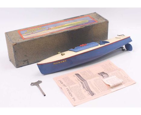 Hornby Speedboat, titled Hornby, cream, blue and red example, housed in the original box with leaflet and key, excellent cond