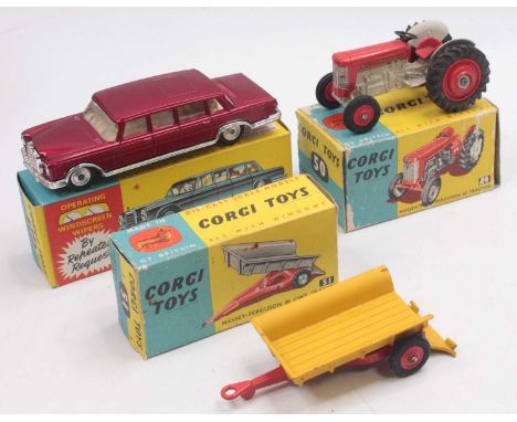 Corgi Toys group of 3 worn diecasts to include No. 51 Ferguson 30 cwt Trailer in red base and possibly repainted yellow bed, 