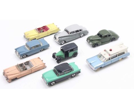 Dinky Toys group of 8 loose and playworn diecast to include; No.131 Cadillac Eldorado in yellow body, No.150 Rolls Royce Silv