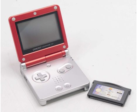 An original Nintendo Gameboy Advance SP Mario edition, with charging adapter and a copy of Salt Lake 2002 Olympics Game