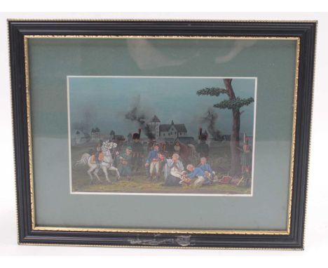 A professionally built and handpainted box diorama depicting a Napoleonic soldier at camp being attended to by a doctor, hous