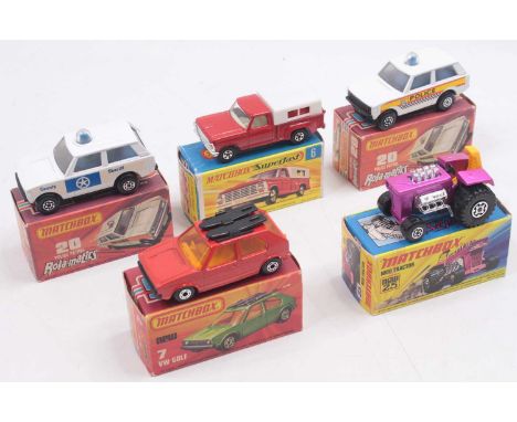 One tray containing five boxed Superfast diecast vehicles, to include a No. 6 Ford Pick-up with red body and turquoise base, 