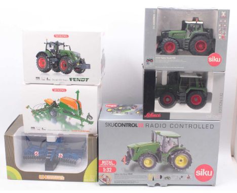 Siku/Wiking and other 1/32 scale group of 6 farming machinery and implement group to include; Radio Controlled John Deere 834