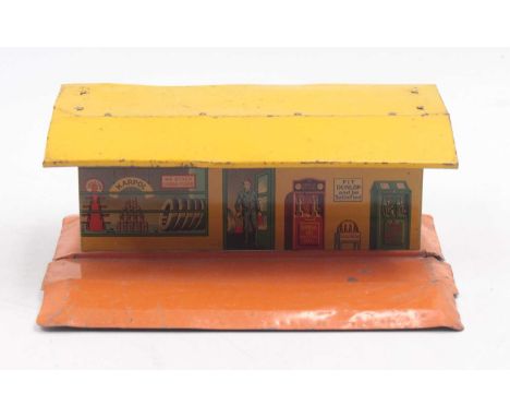 Dinky Toys pre-war No. 48 Petrol Station "Filling and Service Station" - tinplate orange base, yellow walls and roof - with d