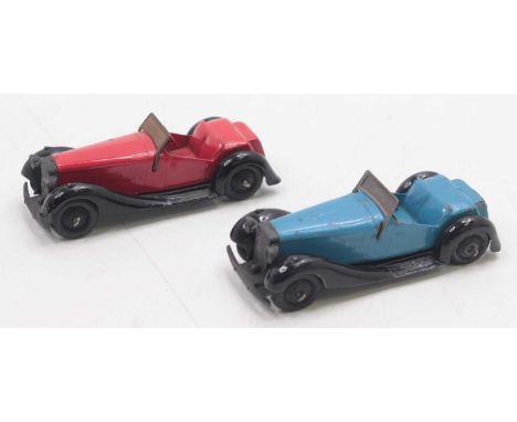 Dinky Toys No. 36E British Salmson two-seater comprising red body with black moulded chassis and black rigid hubs, with winds