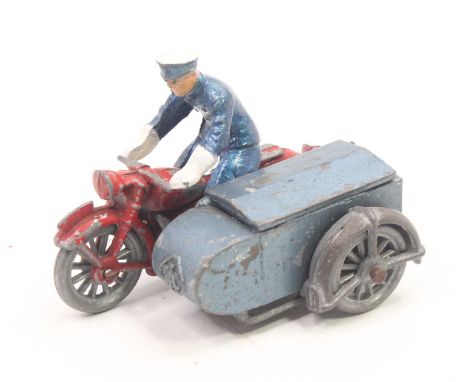 Eebee, RAC Motorcyclist And Sidecar, red bike, with metallic blue side car, and driver figure, loose example.