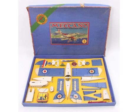 Meccano No.1 Aeroplane Constructor Outfit, repainted blue and white example, in the original box with instruction leaflet, go