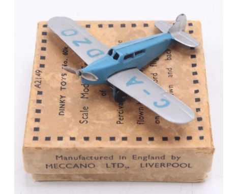 Dinky Toys No.60k Percival 'Gull' Singler Seater Aeroplane in blue fuselage with silver wings and propeller, lettering C-A DZ