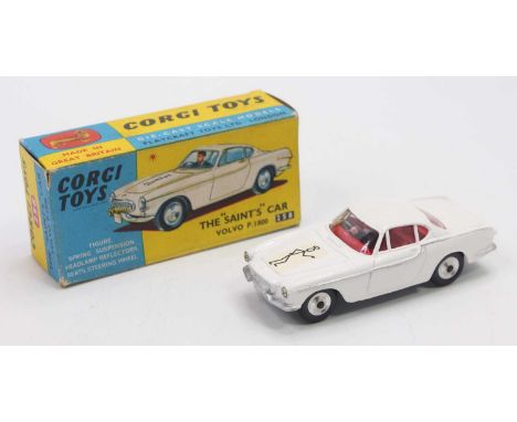Corgi Toys No. 258 The Saint Volvo P1800 car comprising white body with white bonnet transfer, red interior and driver figure