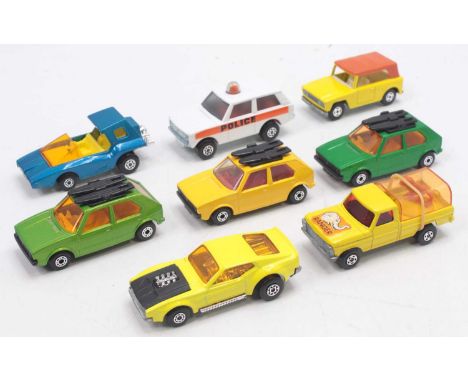 One tray containing eight loose Matchbox Superfast diecast vehicles, to include Soopa Coopa, Superfast Field Car, Boss Mustan