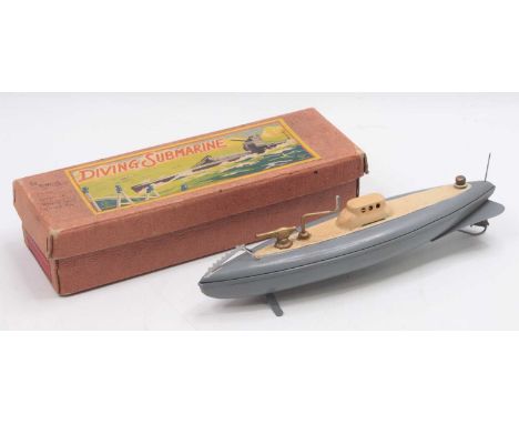 A Kuramochi CK of Japan tin plate and gyro-operated model of a diving submarine, comprising of grey and cream body, with gold