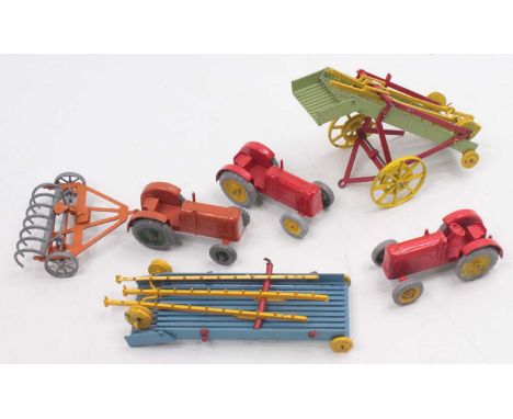 Group of farming-related diecast vehicles to include a Charbens tractor and a rare Moko hay rake, in orange, two red Charbens