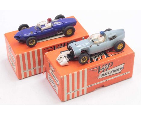 Victory Industries, VIP raceways models slot cars, to include a Formula 1 Ferrari in blue, R.62, and a Formula 1 Cooper, in p