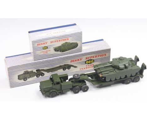 Dinky Toys group of two to include No. 660 Military Tank Transporter comprising military green body with matching hubs, toget