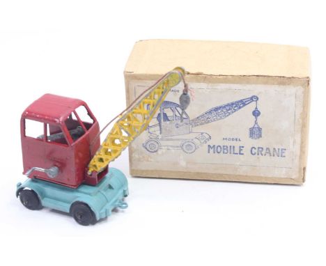 Charbens Mobile Crane, red body with turquoise chassis and yellow jib, black wheels, housed in the original buff coloured and