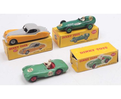 Dinky Toys group of 3 Racing Diecasts to include; No.239 Vanwall Racing Car in green with mid green hubs, No.110 Aston Martin
