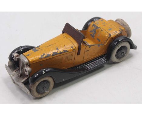 Dinky Toys Pre-war 36e British Salmson 2-seater Sports Car, yellow body with repainted black chassis and smooth black hubs, w