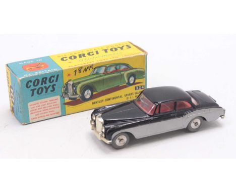 Corgi Toys, 224, Bentley Continental Sports Saloon, black and silver body, red interior, in the original yellow and blue all 