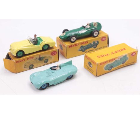 Dinky Toys group of 3 racing diecasts to include; No.239 Vanwall Racing Car in green with RN35, No.105 Triumph TR2 Sports in 