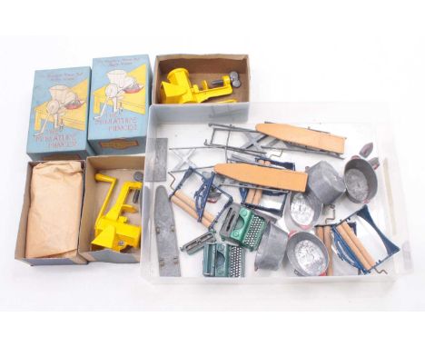 A collection of Charbens, Timpo and other diecast furniture items, including three mincing machines, two typewriters, three m