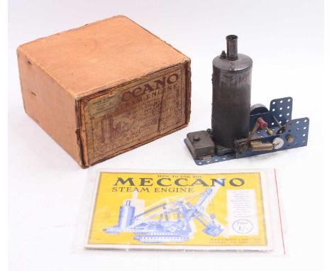 An original Meccano circa 1920s Meccano steam engine housed in the original card box, with end label, comprising of blue Mecc