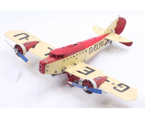 Meccano built aeroplane constructor, finished in red and cream with 2 engines, and unusual Meccano transfer to front of fusel