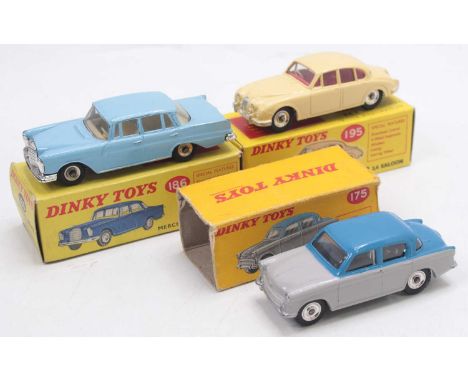 Dinky Toys group of 3 to include; No.195 Jaguar 3.4 Saloon in cream with red interior (E,BE) No.186 Mercedes Benz 220 SE in l